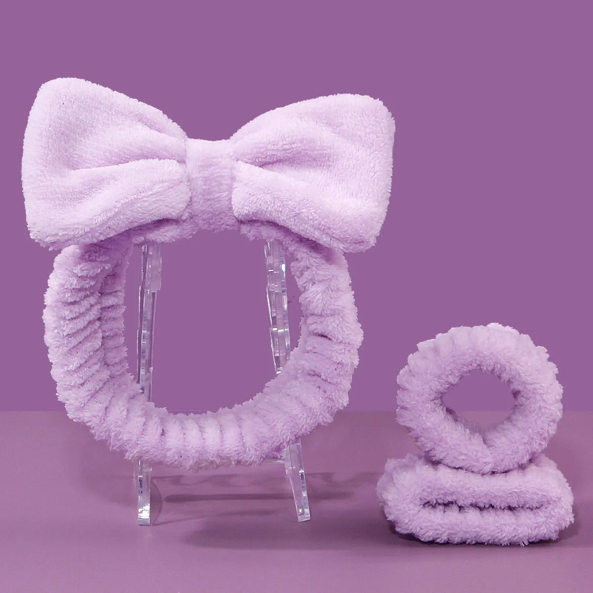 Facial brush set with coral fleece hairband in multiple colour options including purple, grey, white, and pink