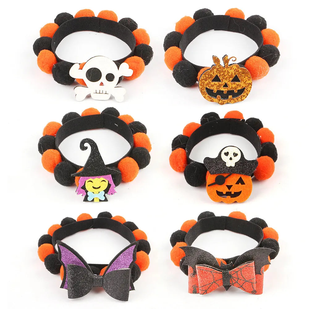 Halloween pet fur ball collar in six designs including pumpkin, skull, and witch themes