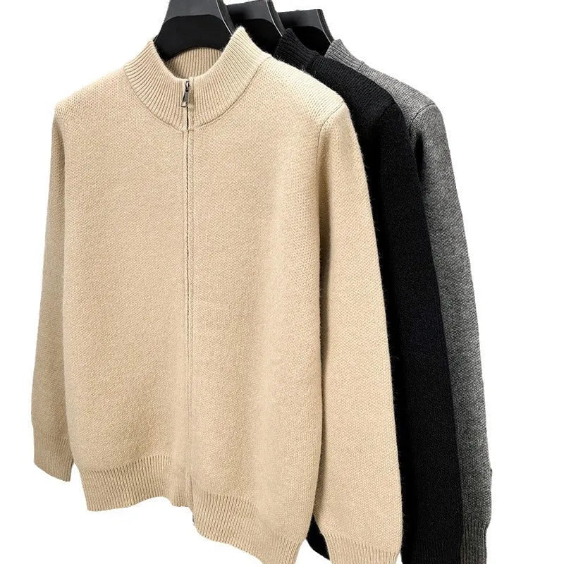 Men's stand collar knitted zipper cardigan in black, grey, or beige with loose fit