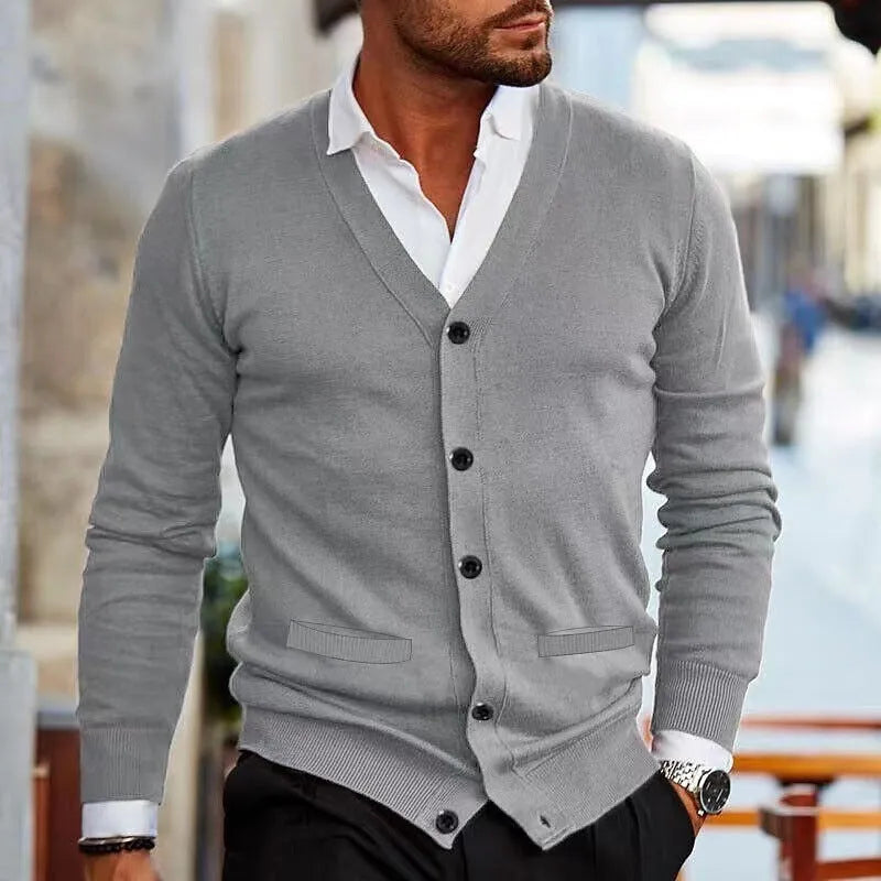 Men's slim fit acrylic cardigan sweater coat in dark gray colour showing long sleeve design