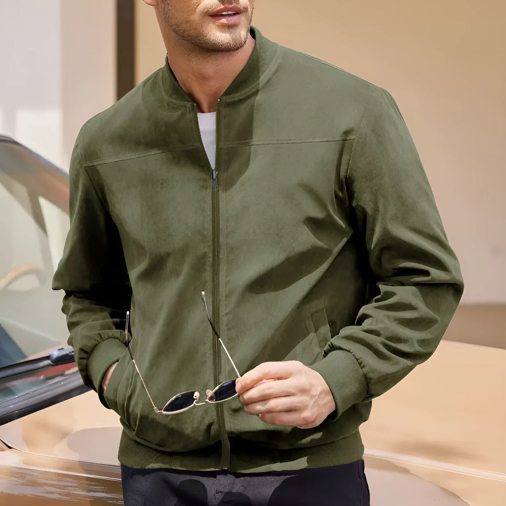 Men's casual retro long sleeve cardigan jacket in army green colour made from suede fabric with round hem