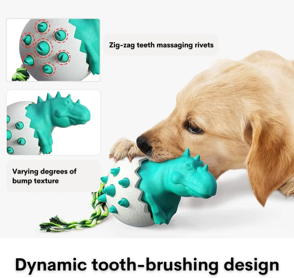 Blue durable dinosaur-shaped dog chew toy with rope for aggressive chewers