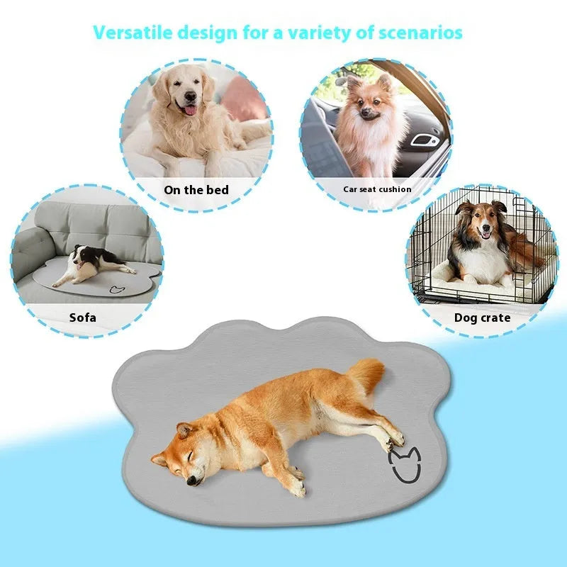 Iced silk pet cooling mat in dark grey with a simple dog head shape, shown on a hardwood floor.