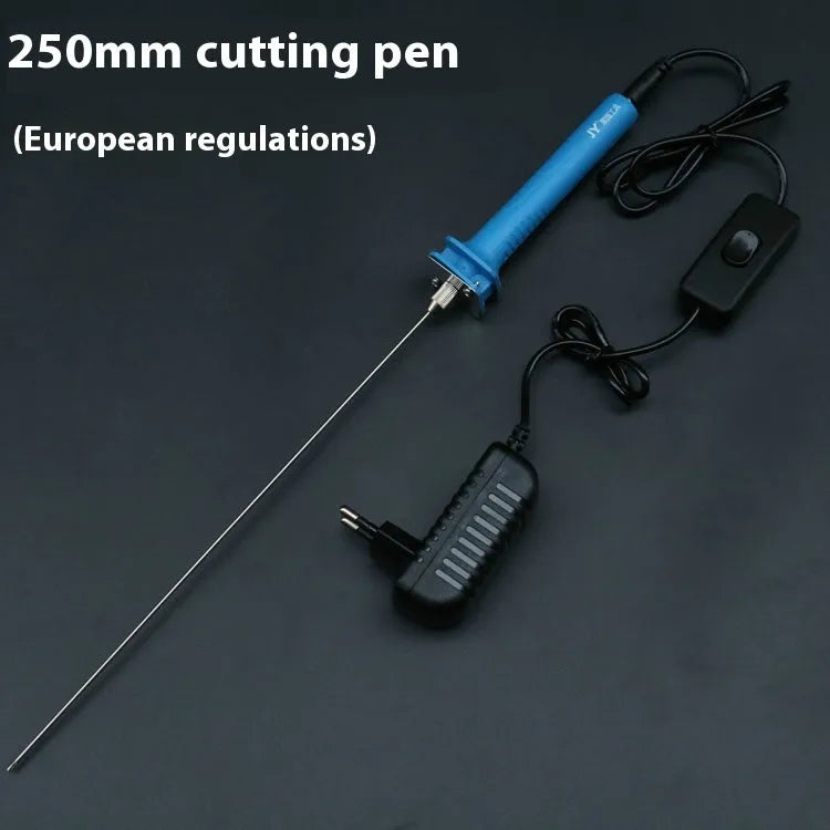 Blue electric heating cutter pen with plastic handle for cutting foam and pearl cotton, shown with power adapter.