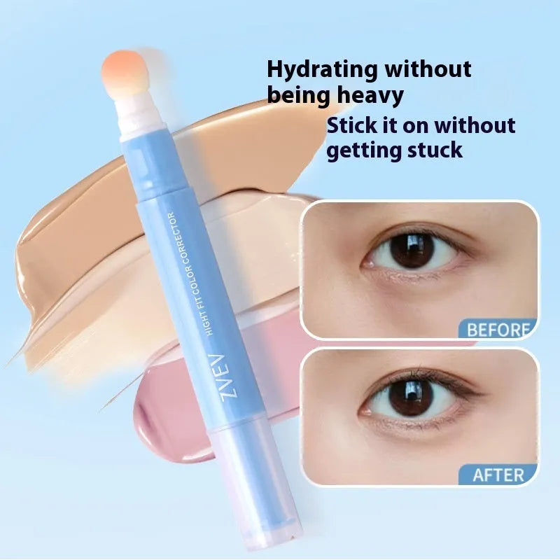 Concealer pen with sponge brush head applicator showing three colour shade options: brightening skin, pink flesh, and flesh colour