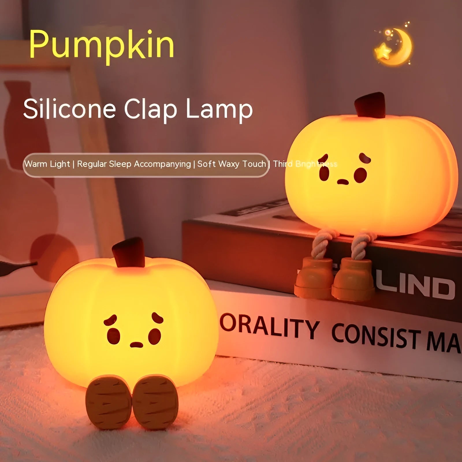 Pumpkin-shaped small night lamp in orange silicone with racket style design on table