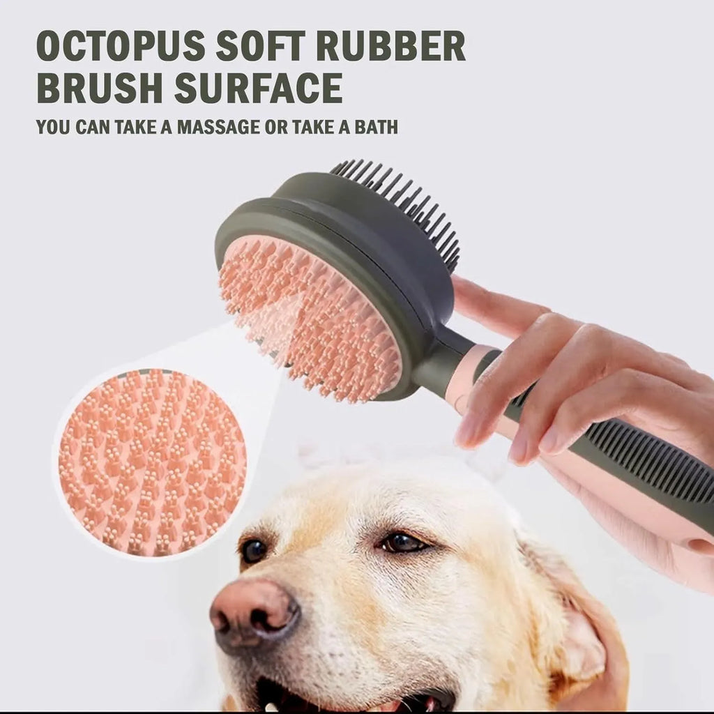 Double-sided cat brush with release button and included flea comb for pet grooming