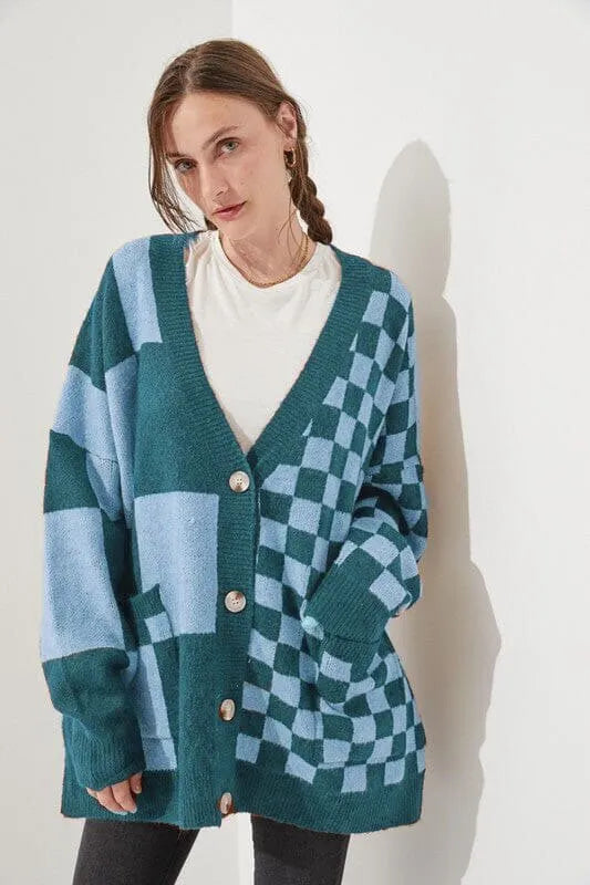 Printed checks knitwear cardigan in loose slim fit showing six colour options