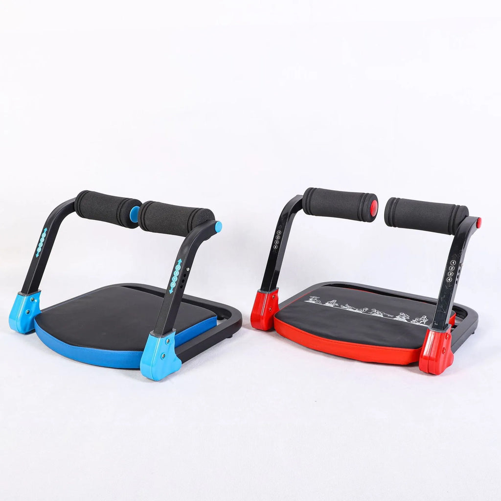 Sky blue and red mini multifunctional abdominal exercise device for home, office, and outdoor core workouts.
