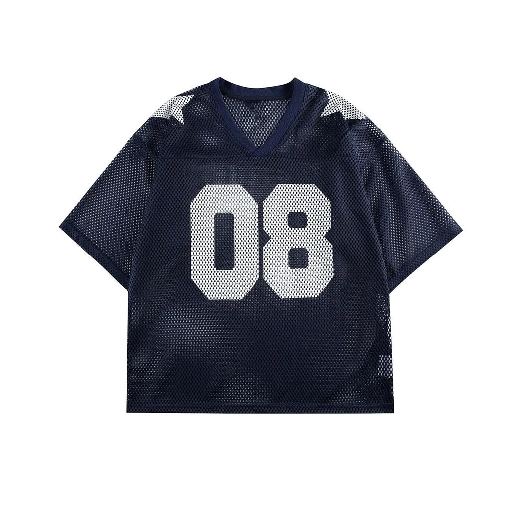 Black and navy blue half sleeve shirt with letter pattern in loose pullover style