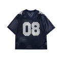 Black and navy blue half sleeve shirt with letter pattern in loose pullover style