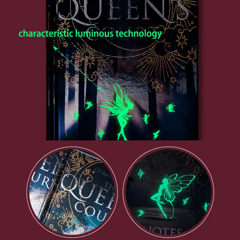 Blue and purple luminous hardcover A5 notebooks open to show full-colour illustrated interior pages