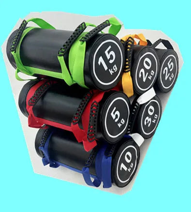 Flat white PVC fitness training sandbag for weight lifting and strength exercises.