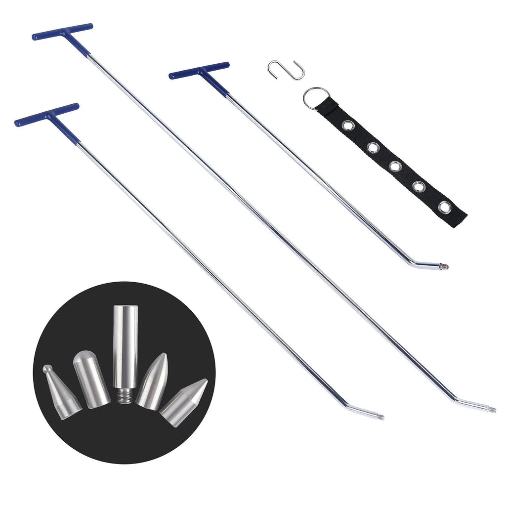 Three-piece alloy steel car dent repair tool set with crowbar and hooks on a workbench.