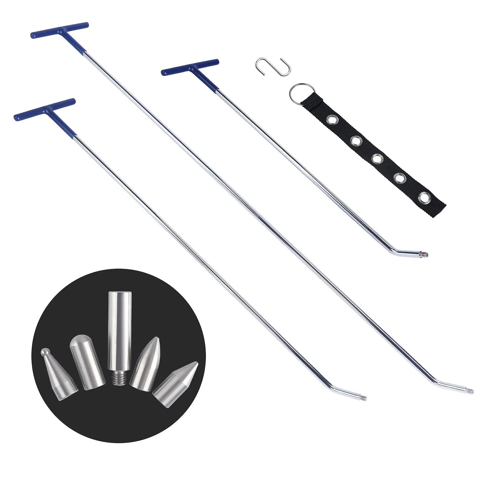 Three-piece alloy steel car dent repair tool set with crowbar and hooks on a workbench.