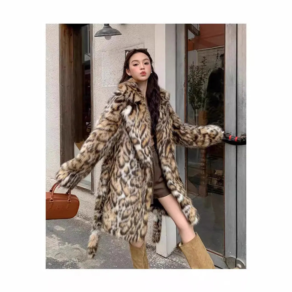 Women's long faux fur coat with fur collar in street fashion style