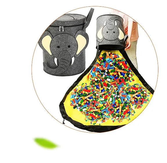 Green felt cube storage bag with pull rope shown as both a toy play mat and closed storage container