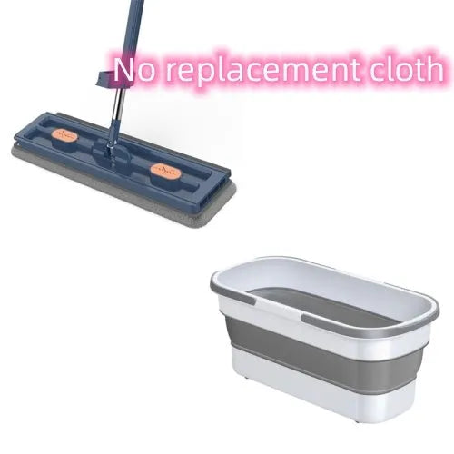 Large flat mop with long stainless steel handle and blue/white cloths on a hard floor.