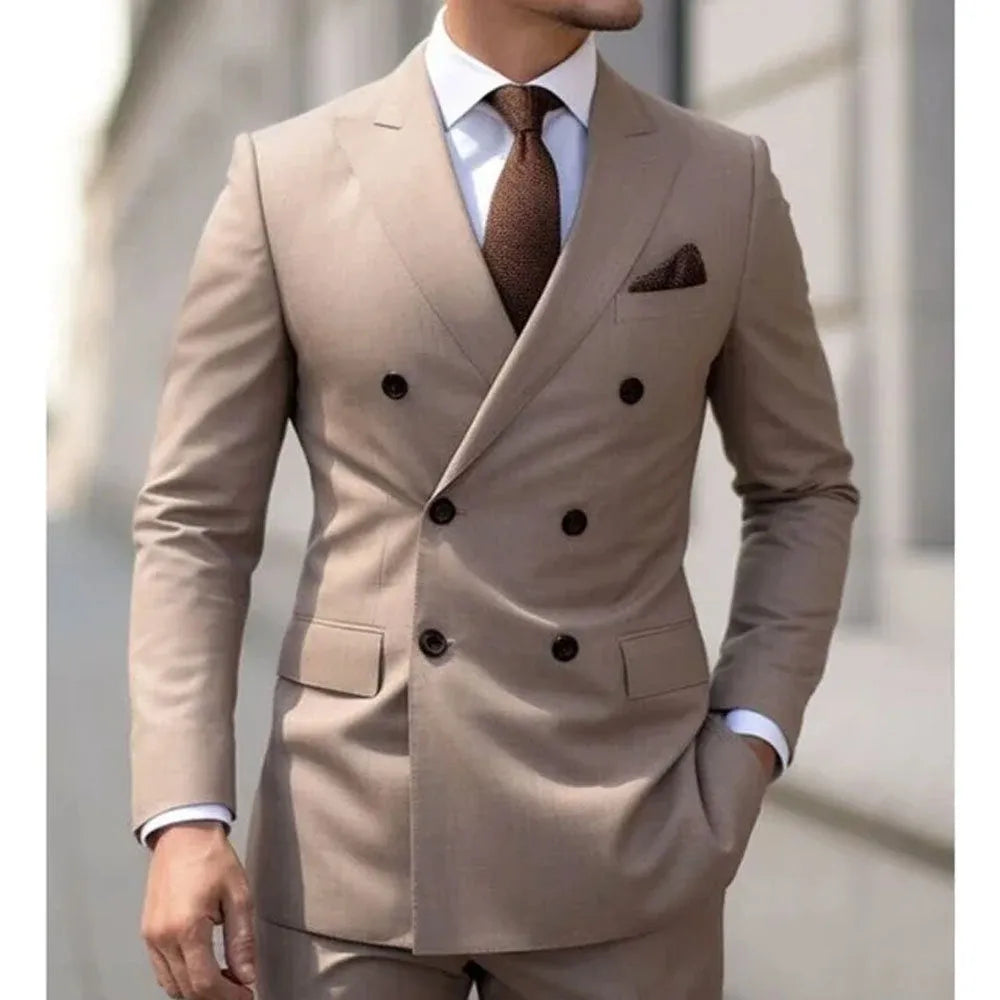 Men's Korean style slim fit two-piece business suit in cotton blend polyester fabric