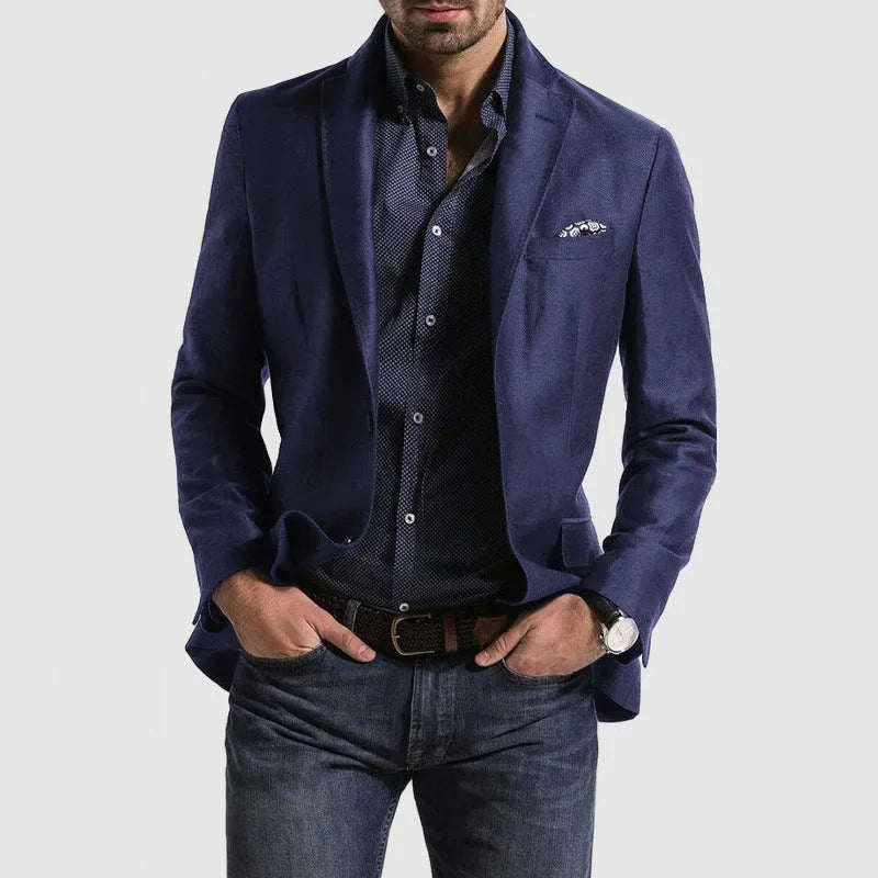 Men's loose solid colour double button suit jacket in grey, front view, for casual leisure wear