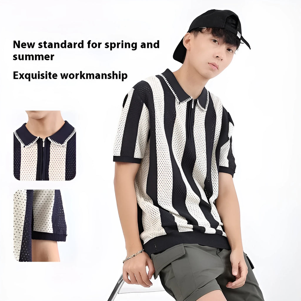 Men's black and white striped short sleeve ice silk sweater with a decorative zip.
