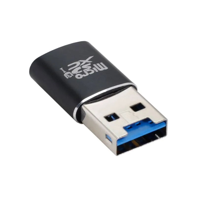 Black USB 3.0 card reader for Micro SD and T-Flash memory cards on a white background.