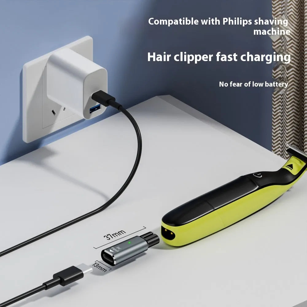 USB-C electric shaver charging adapter with aluminium alloy housing in black or grey colour