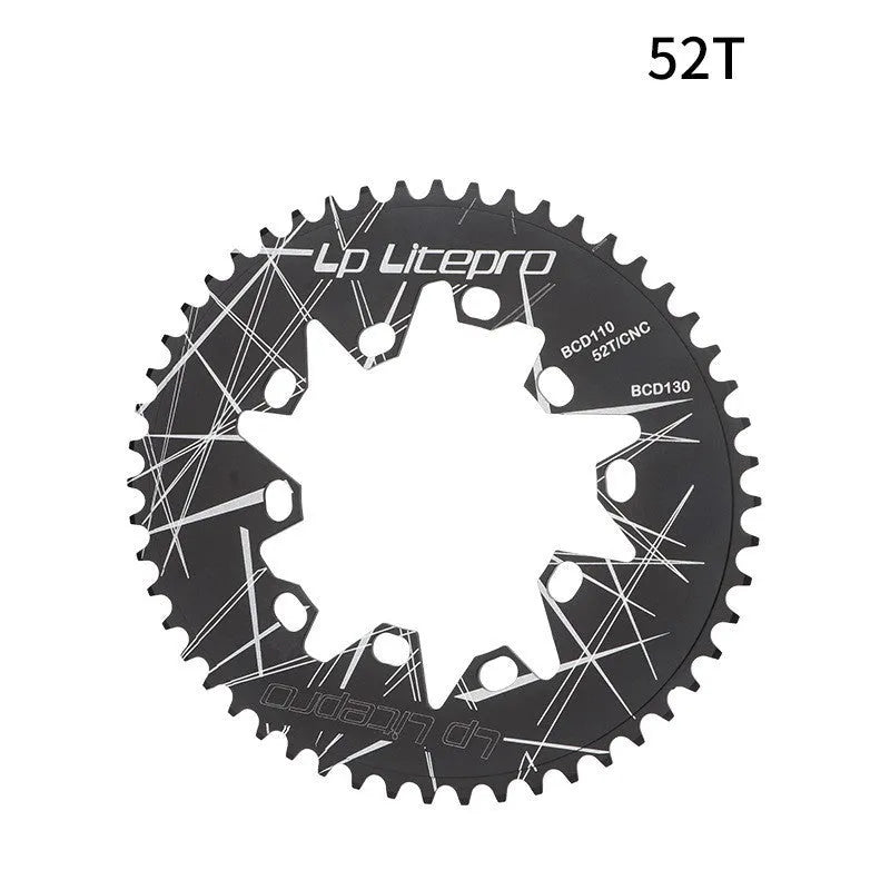 Silver aluminium alloy oval bicycle chainring with CNC machining marks on a white background