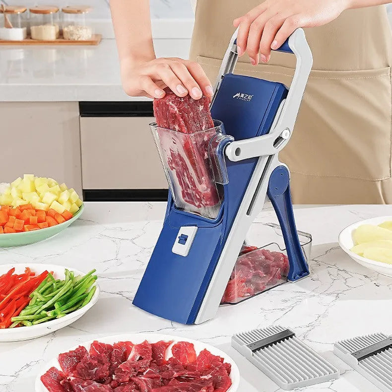 Purple vegetable chopper with stainless steel wire planer on kitchen counter