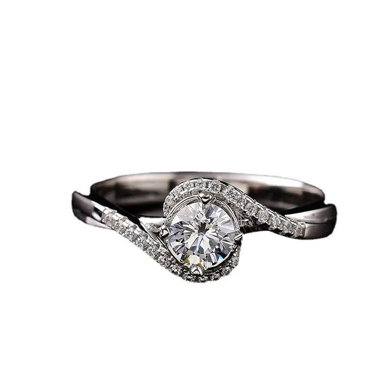 Geometric open-mouth women's ring with adjustable opening, 8mm synthetic moissanite angel eyes design, silver finish