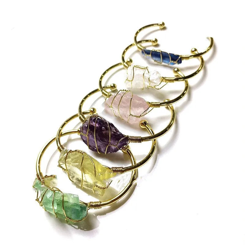 Natural crystal rough stone bracelet with gold wire wrapping in geometric bohemian design