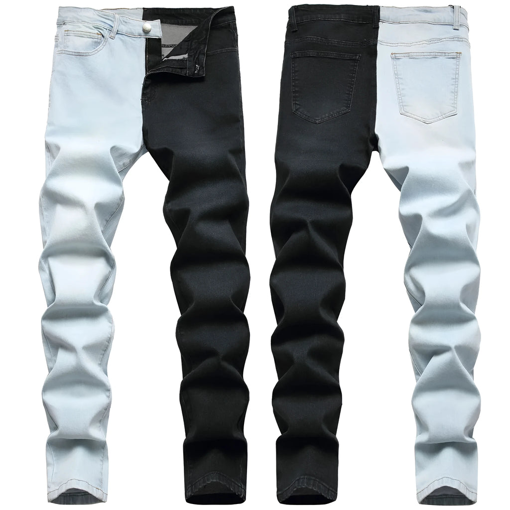 Men's two-colour stretch jeans in light blue and black denim, tight-fitting European style, sizes 30-40