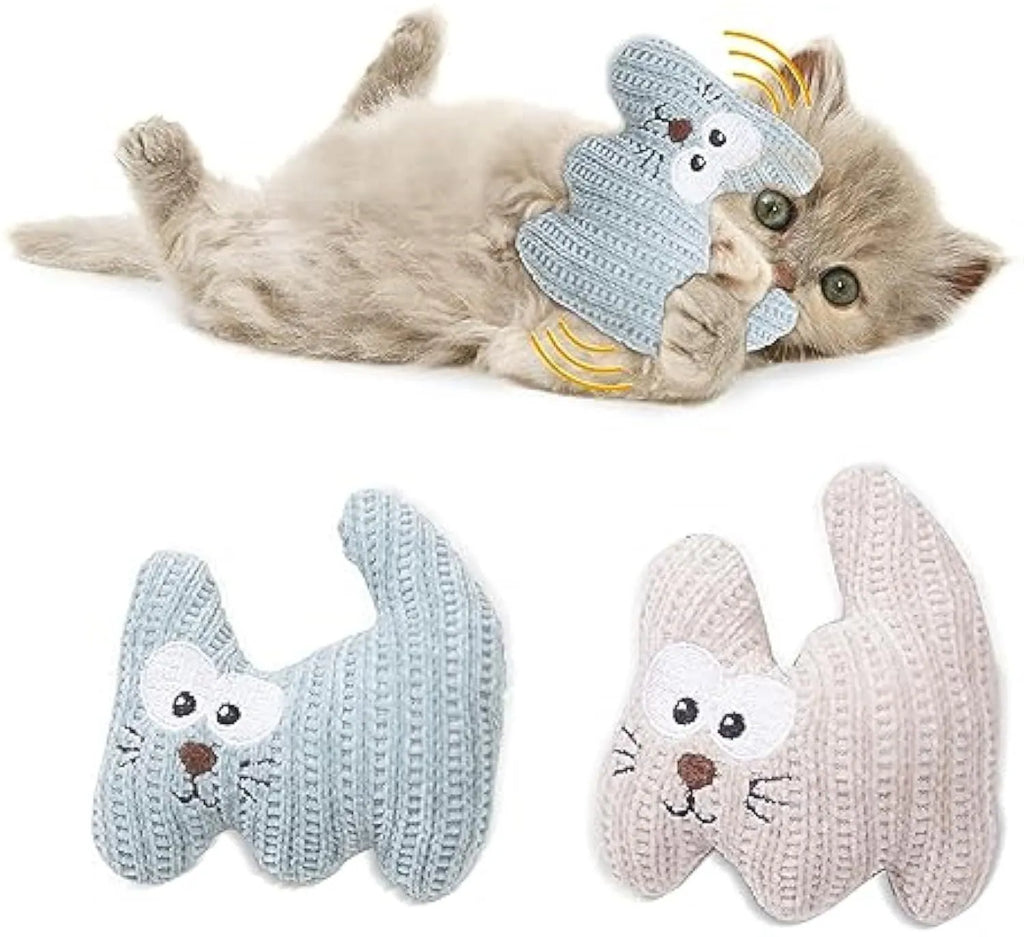 Cyan and light coffee plush rope cat toy with bell and catnip filling.