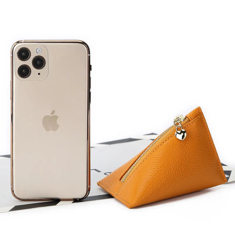 Women's small genuine leather mini coin purse in solid colour with sewing thread detailing