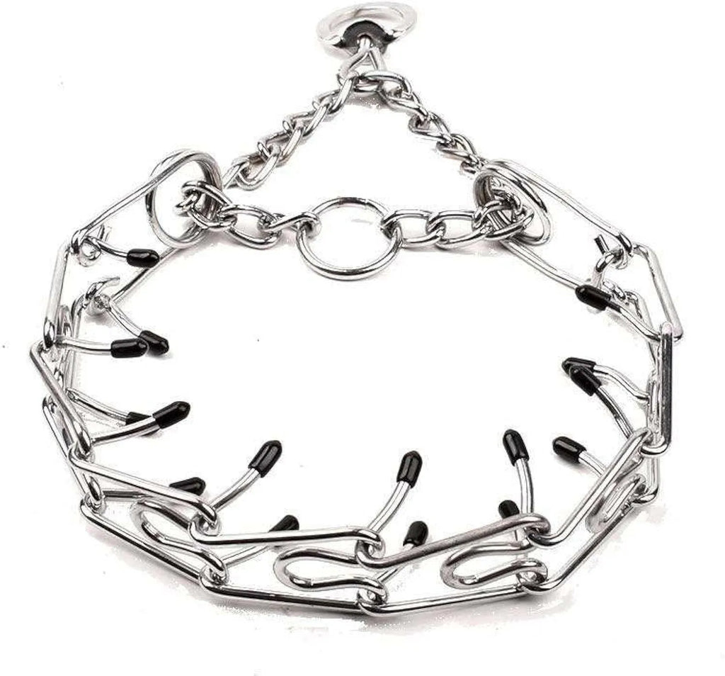 Stainless steel dog training pinch collar with adjustable chain links and rubber comfort tips
