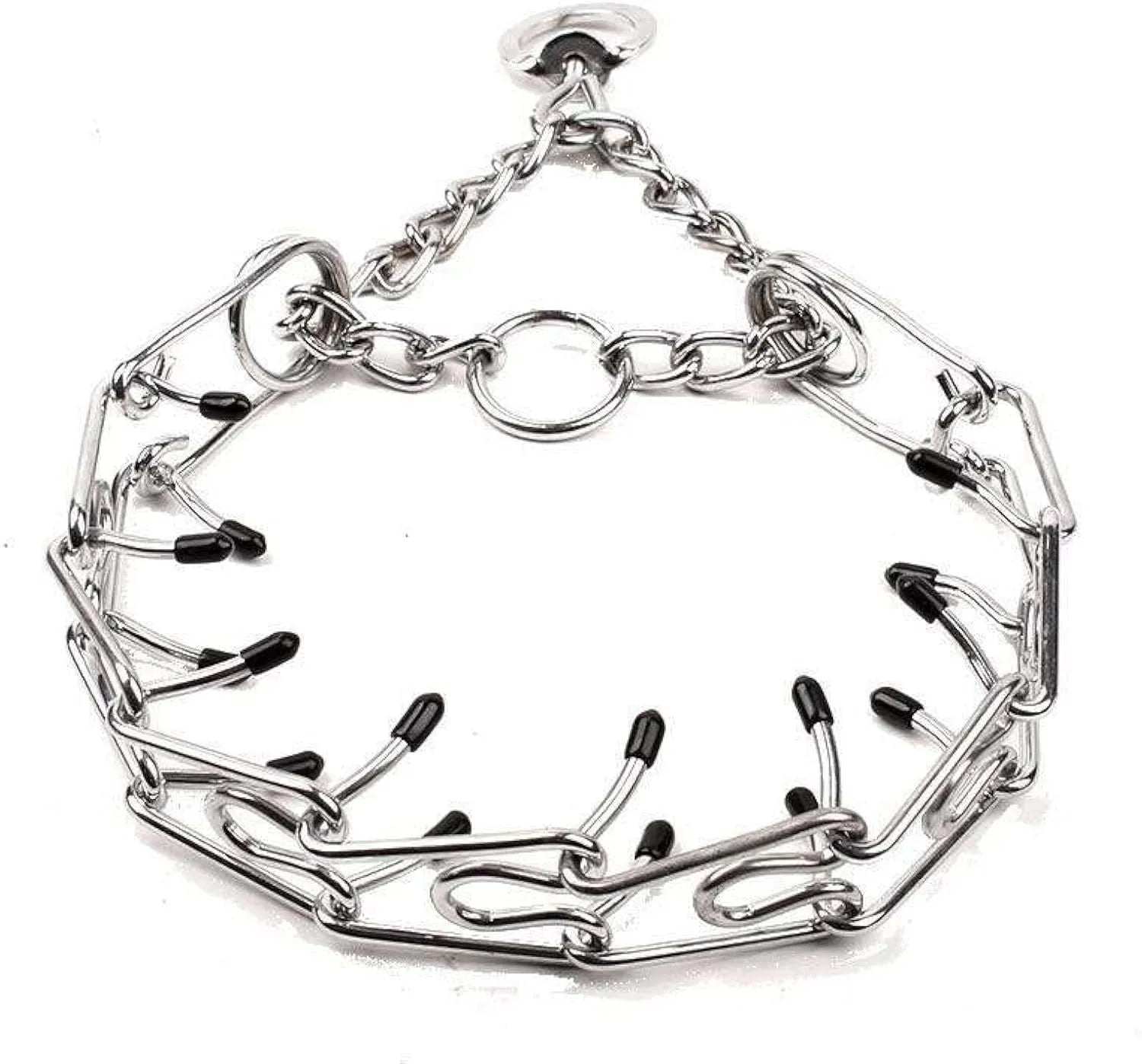 Stainless steel dog training pinch collar with adjustable chain links and rubber comfort tips