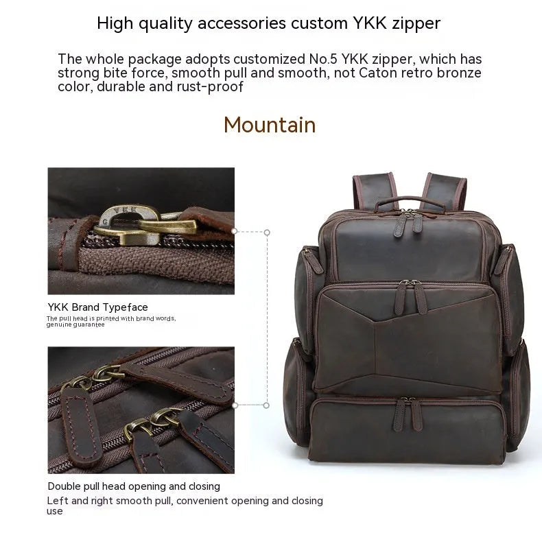 Dark brown Retro Crazy Horse leather backpack for a 17-inch laptop, showing embossed details and double straps.