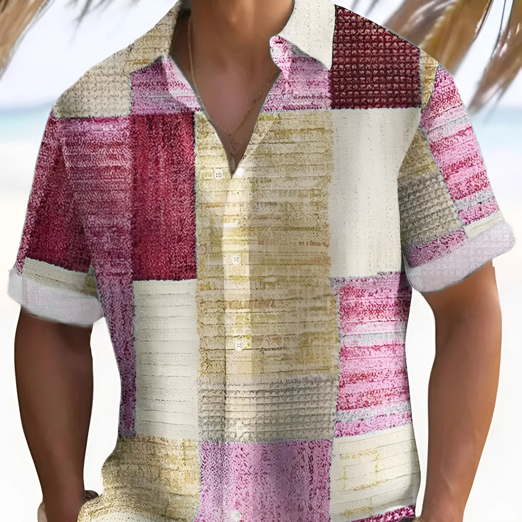 Retro men's plaid polyester shirt in blue with cardigan style loose fit