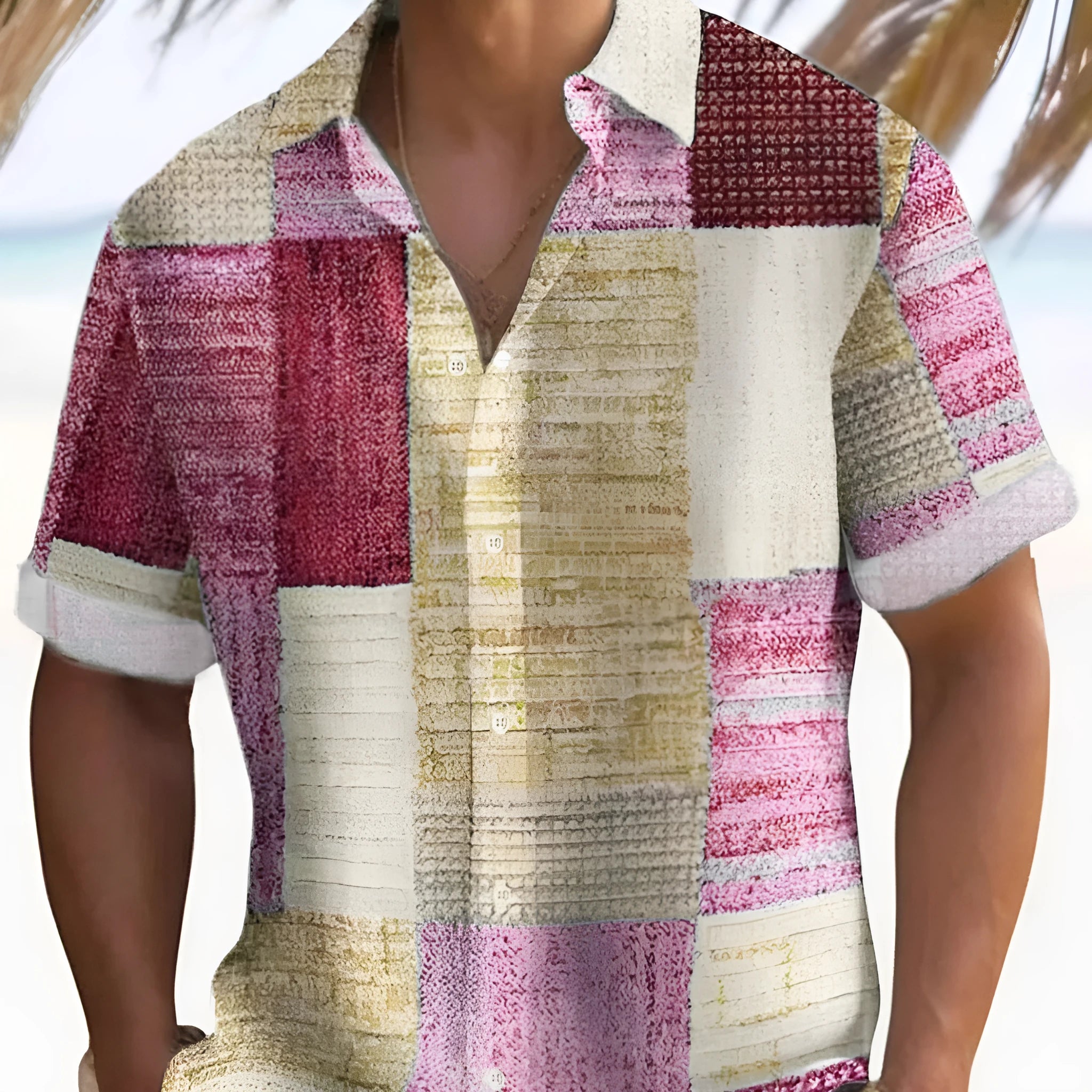 Retro men's plaid polyester shirt in blue with cardigan style loose fit