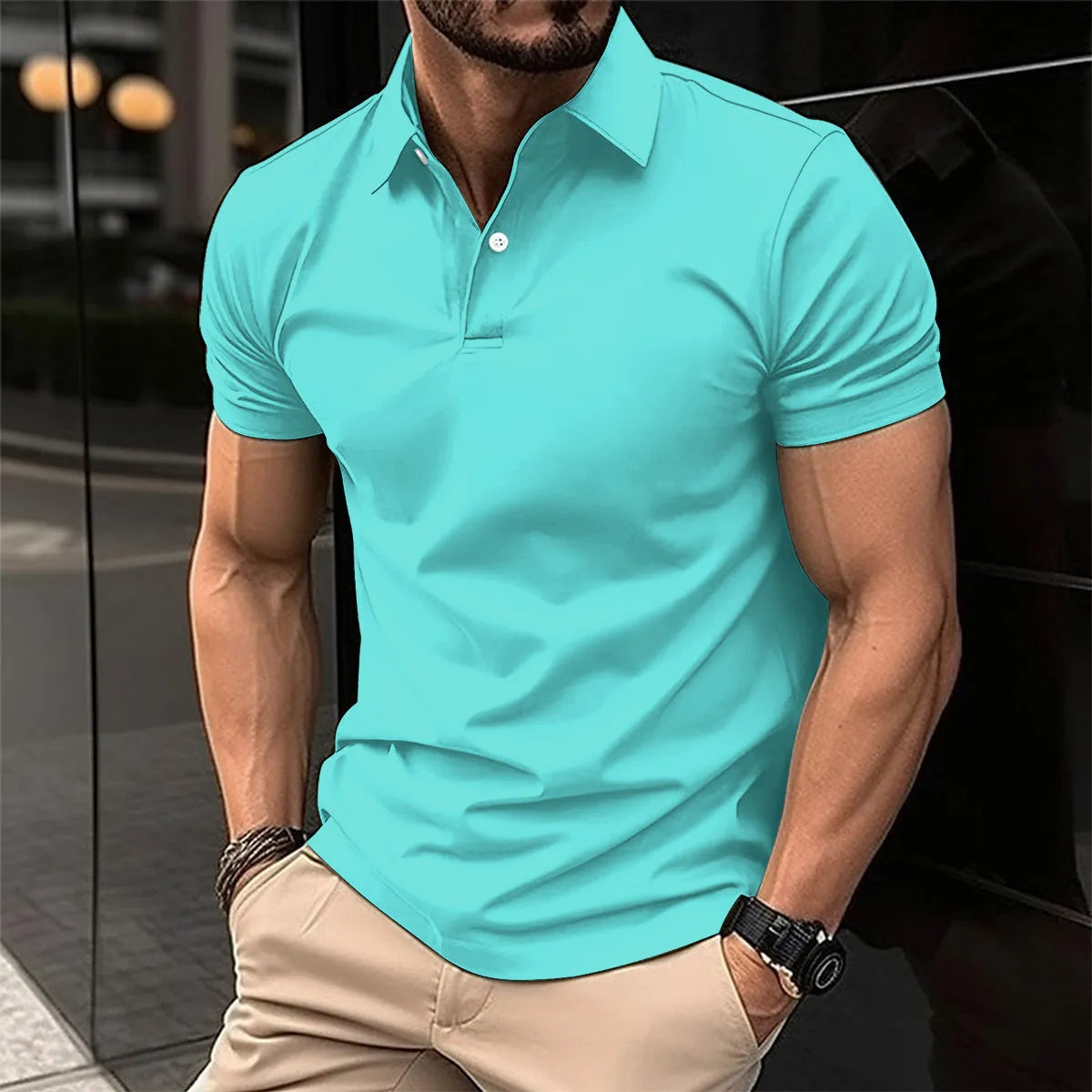 Men's solid colour short sleeve polo shirt with a button-down lapel collar, shown in a light green colour.