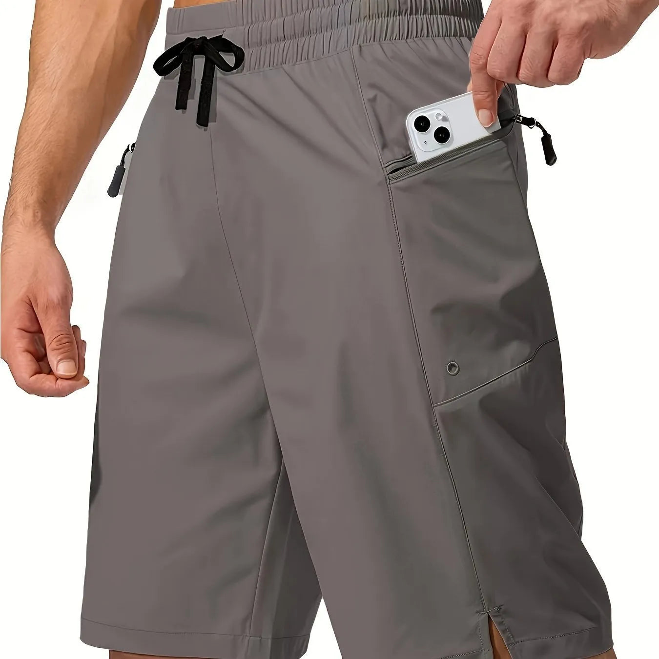 Men's solid colour quick-drying polyester beach shorts in straight-leg cut