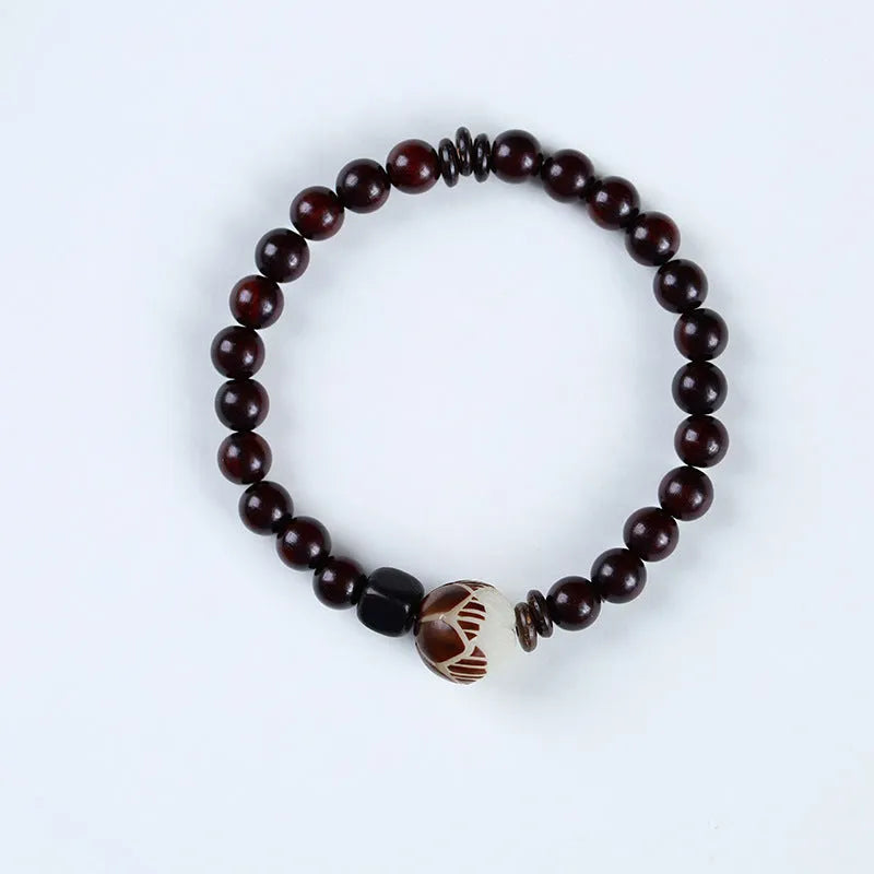 Natural rosewood double-ring bracelet with 10mm flower-shaped beads and hand-knitted construction