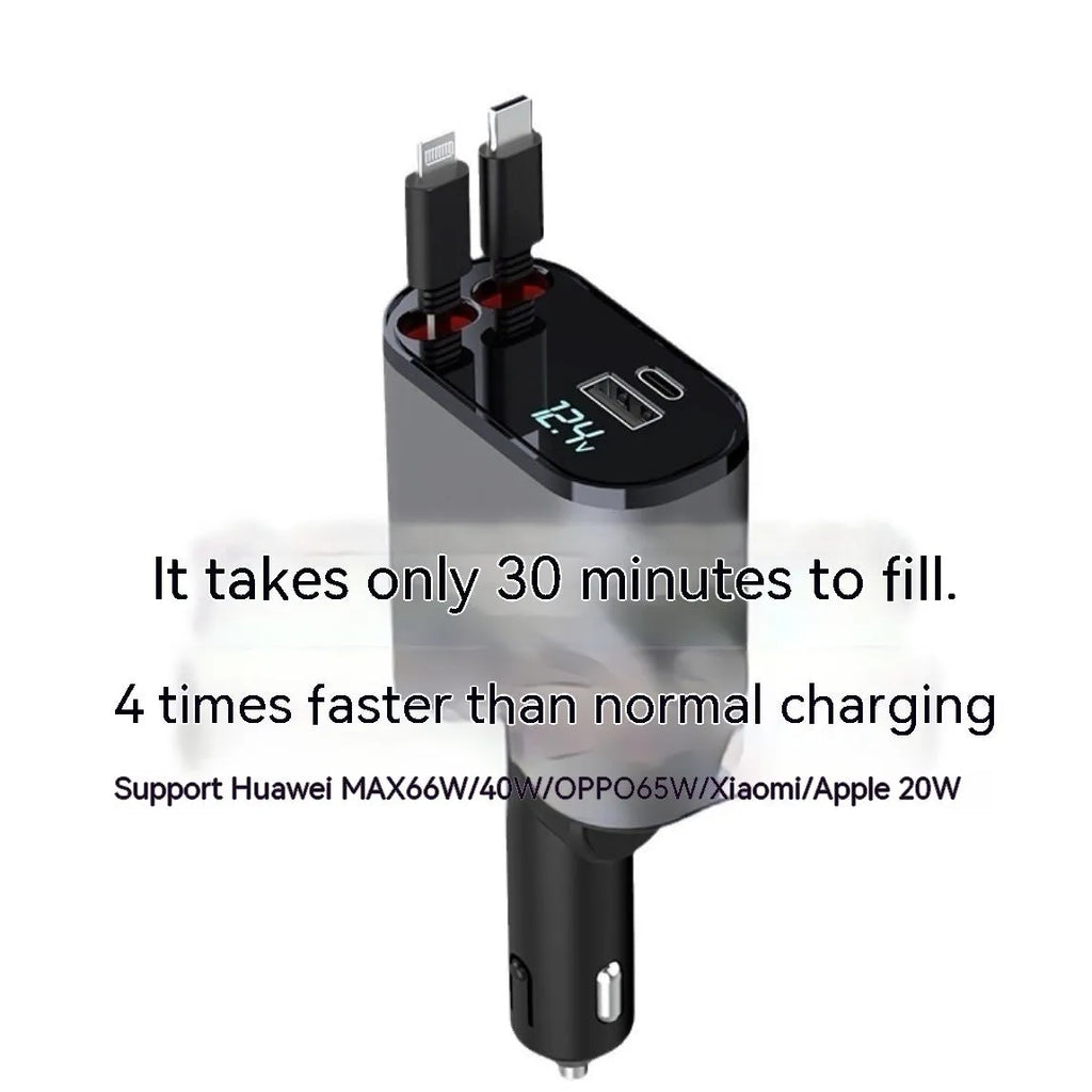 Automatic retractable car charger plugged into a vehicle cigarette lighter socket with extended cable.