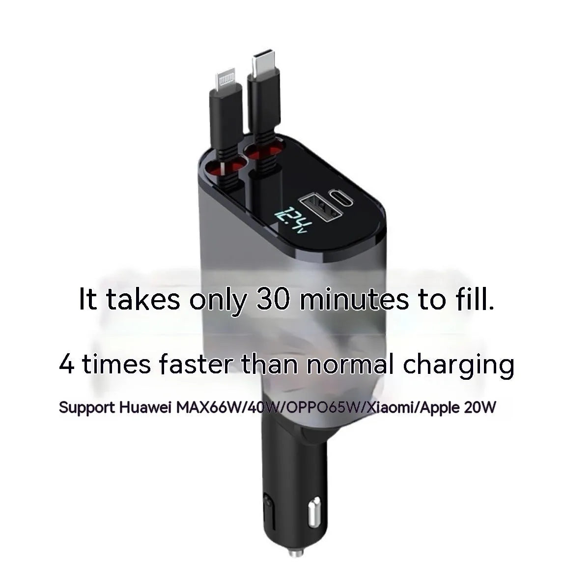 Automatic retractable car charger plugged into a vehicle cigarette lighter socket with extended cable.