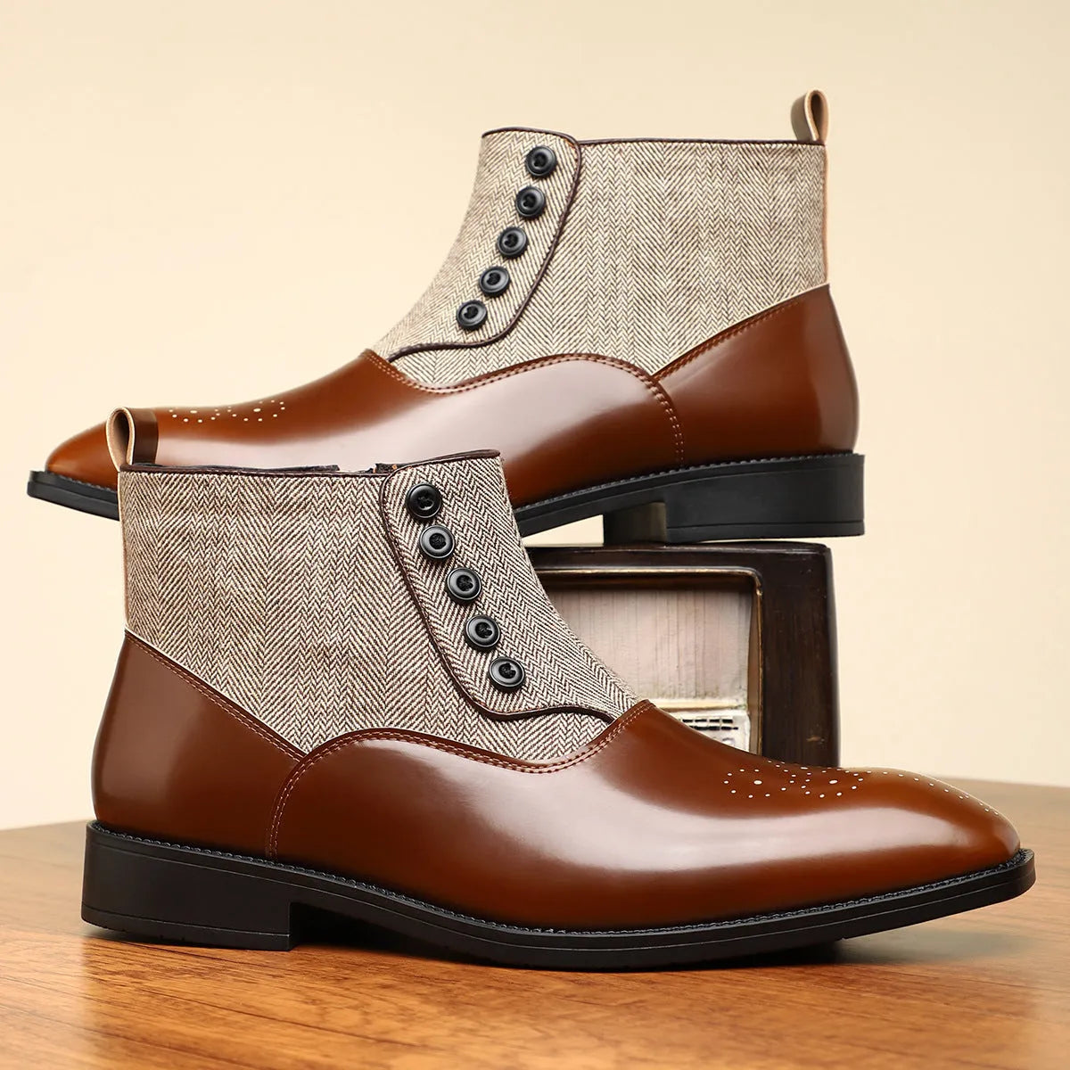 Men's brown retro-style formal leather shoes with side zipper and square toe on a white background.