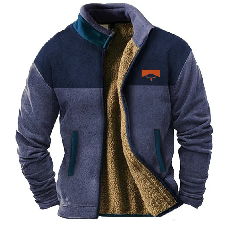 Men's blue polyester padded fleece-lined coat on a hanger, regular fit