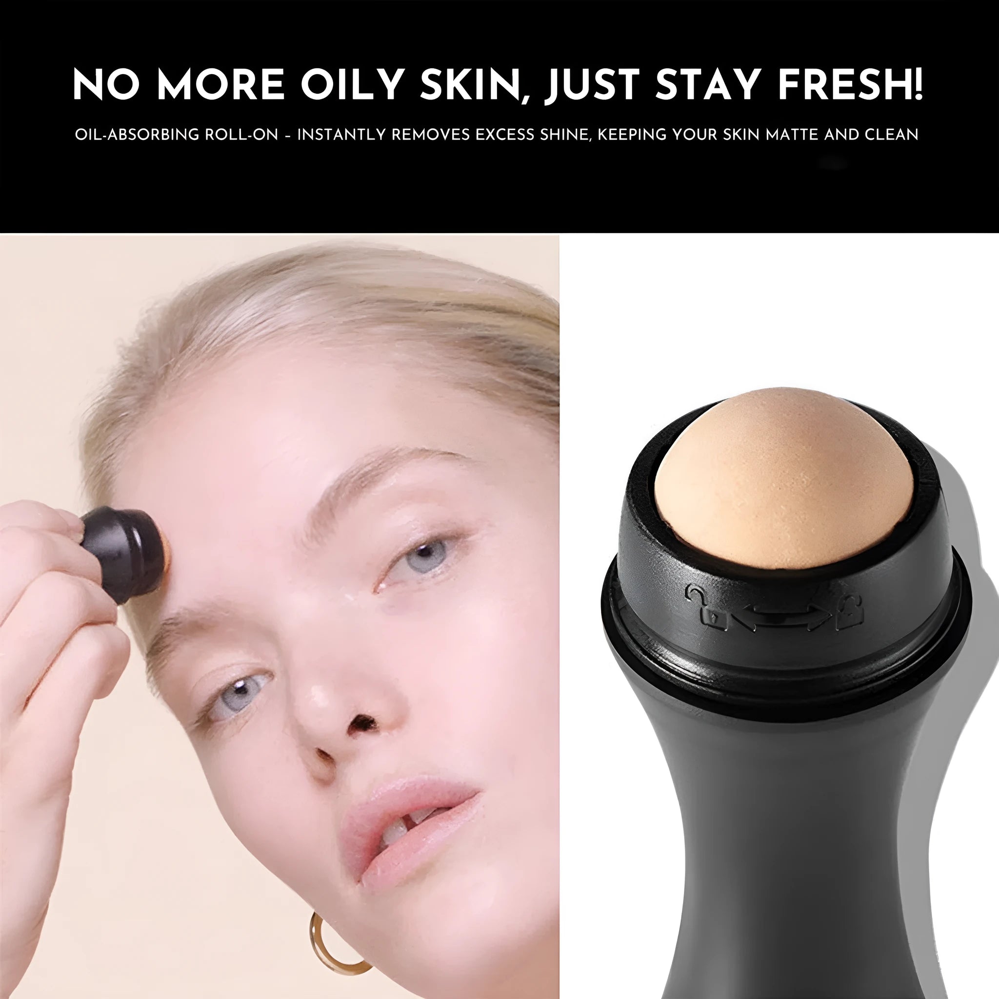 Portable black volcanic stone roller for oily skin control on a pink background.