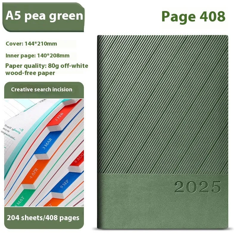 Striped PU leather office notepad open showing 80g wood-free paper with 204 sheet capacity