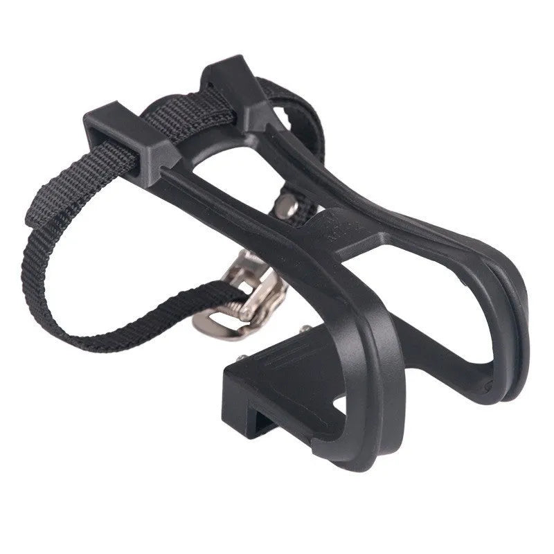 Pair of plastic spinning pedal foot holder covers with lashing straps and metal bolts on a black background