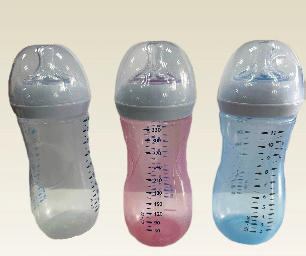 Baby petal nipple feeding bottle 125ml and 330ml, transparent pink purple light blue, no handle